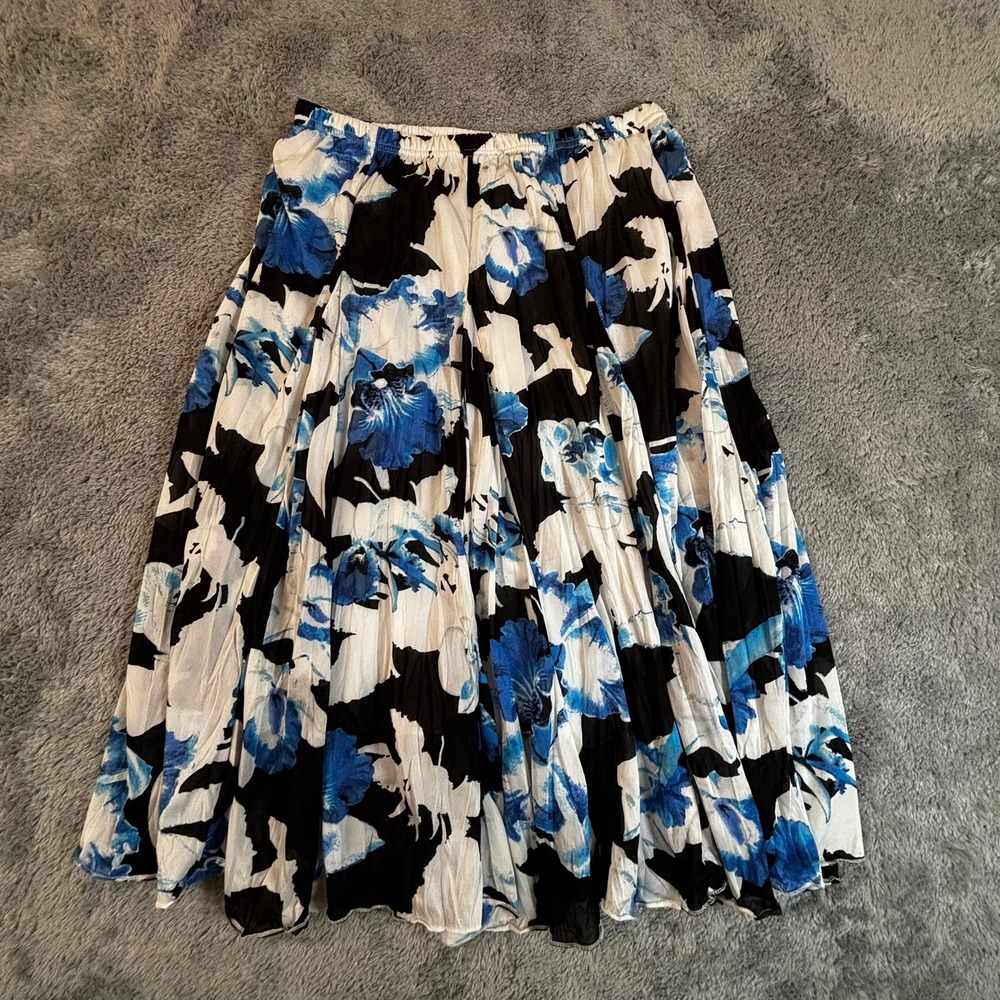 Larry Levine Floral Midi Skirt Blue Black White Crinkle Pleated Elastic Waist S